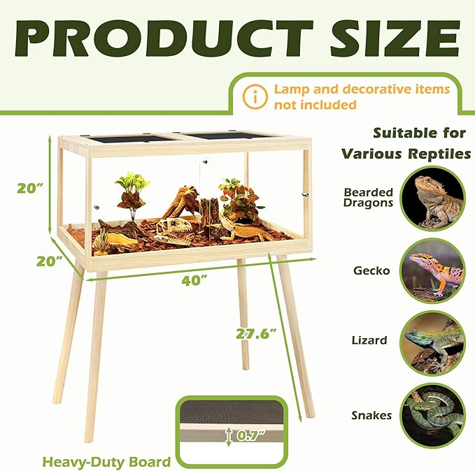 PROLEE Bearded Dragon Tank with Leg Stand 62 Gallons, Wooden Lizard Tank,Reptile Tank with Metal Mesh Roof Door, Acrylic Panel Snake Tank with Lock Design (Oak, 40"x20"x20")