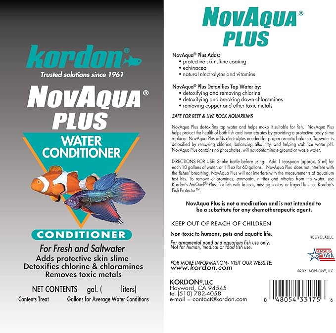 Kordon NOVAQUA Plus - Freshwater & Saltwater Aquarium Water Conditioner – Instantly Detoxifies Chlorine, Chloramines, & Heavy Metals, Replaces Fish Slime Coat, Reduces Fish Stress, 1-Gallon