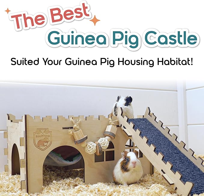 SoulThink® Large Guinea Pig Hideout & House - Easy to Assemble Wooden Guinea Pig Castle with Hammock, Ramp and Toys Accessories Habitat Suitable for Hamsters and Chinchilla
