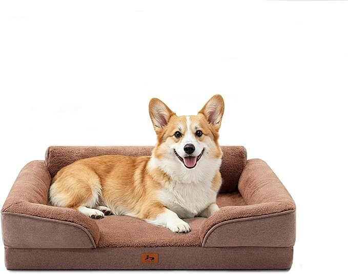 Orthopedic Dog Beds for Medium Size Dogs, Waterproof Egg-Crate Foam Pet Couch Bed with Soft Sides, Non-Slip Dog Sofa with Fleece Removable Washable Cover, 28" L Supportive Pet Sofa, Brown