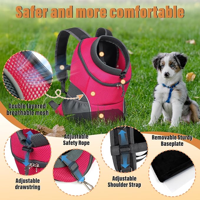 YUDODO 4-8lbs Dog Front Carrier Backpack, Adjustable Breathable Pet Carrier for Small Dogs, Ventilated Puppy Back Pack with Safety Belt, Lightweight Doggy Backpack for Hiking Outdoor (Rose, M)