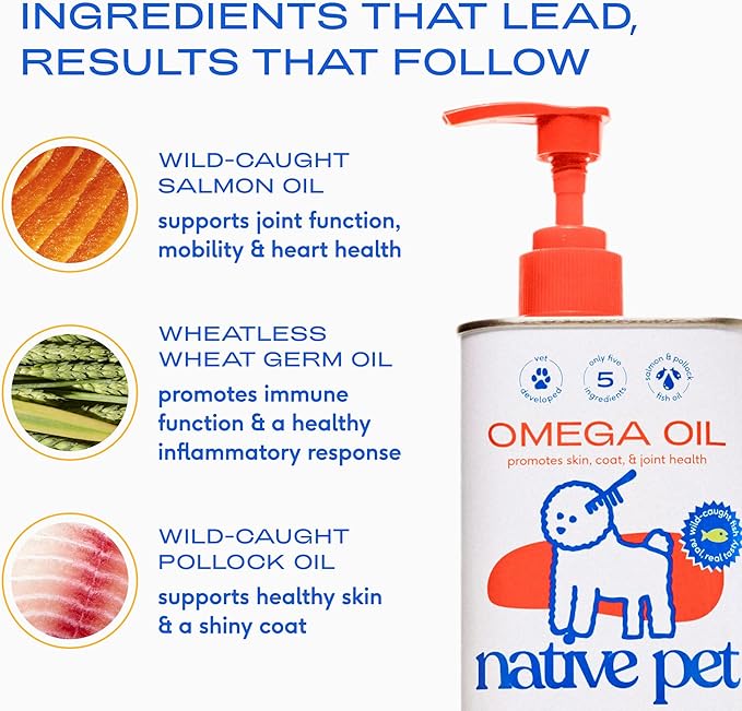 Native Pet Omega 3 Fish Oil for Dogs & Cats – Wild Alaskan Salmon Oil for Dogs Skin and Coat, Supports Joints, Heart & Shedding – Fast-Absorbing Omega 3 6 9 Liquid Supplement – 8oz