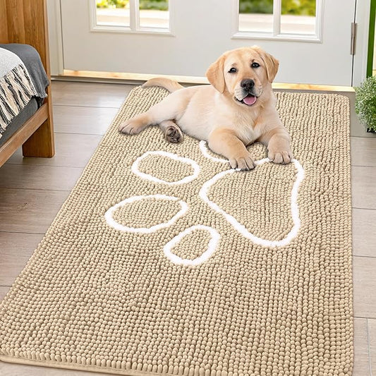 Smiry Dog Door Mat for Muddy Paws, Absorbent Dirt Trapper Non Slip Quick Dry Washable Chenille Mat for Mud Dogs, Entry Rug for Indoor and Outdoor (47x32 Inches, Beige and White)