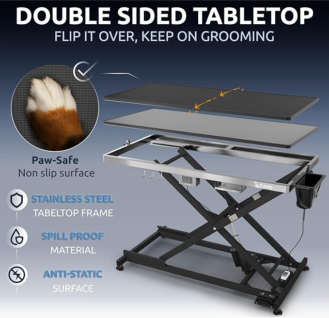 KANIS Professional Electric Dog Grooming Table - Heavy Duty, Height Adjustable Pet Grooming Table w/Leveling Wheels, Grooming Arm, Anti-Slip Tabletop & Tool Organizer/Dog Grooming Station (Black, 60")