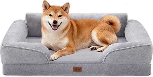 Orthopedic Dog Beds for Large Sized Dogs, Waterproof Egg-Crate Foam Pet Couch Bed with Soft Side, Non-Slip Dog Sofa with Flannel Removable Washable Cover, 35"L Supportive Pet Sofa, Light Grey
