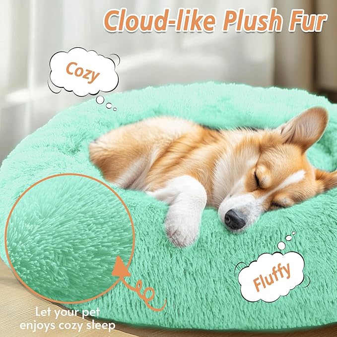JOLLYVOGUE Calming Dog Beds Large Sized Dog, 36in Donut Washable Large Pet Bed, Anti-Slip & Anti-Anxiety Fluffy Faux Fur Round Dogs Bed, Fits up to 80 lbs Pets (Mint Green)