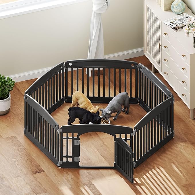 DUMOS Dog Playpen 6 Panel 24" Plastic Exercise Pen with Door Small Puppy, Medium Dogs Animal Pet for Outdoor, Garden, Yard, RV Camping - Black