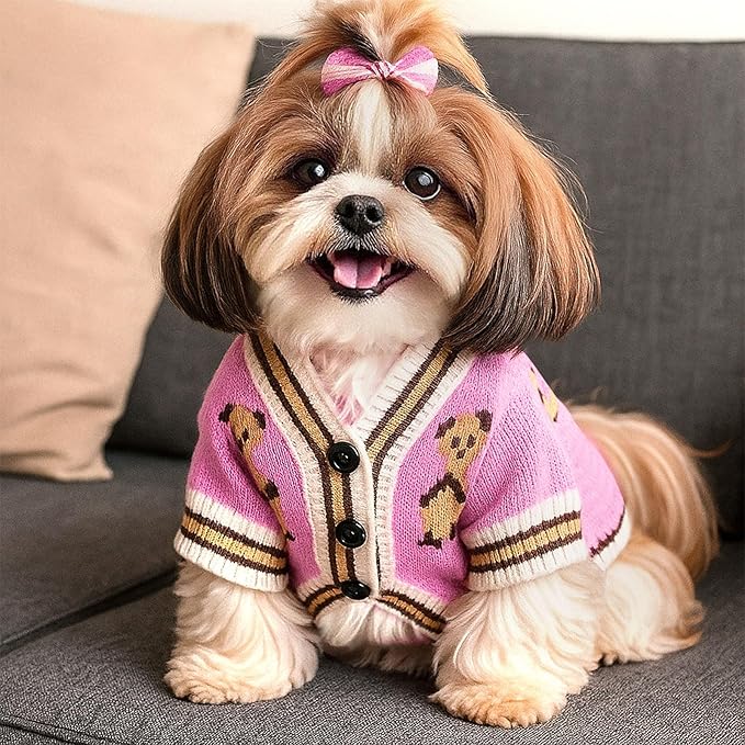 ABRRLO Small Dog Sweaters Cute Bear Dog Cardigans Clothes for Small Medium Dogs Boy Girl Puppy Cat Knitting Cardigan Outfits Dogs Winter Coats Warm Pet Doggy Clothes Soft Knitwear (Pink, X-Large)