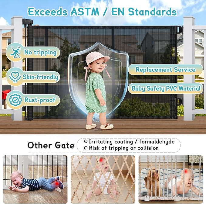 71'' Retractable Baby Gates Extra Wide for Stairs, 42" Tall Black Mesh Dog Child Pet Safety Indoor Outdoor Retractable Gate for Doorways, House, Hallway, Deck with Reinforcement Strips