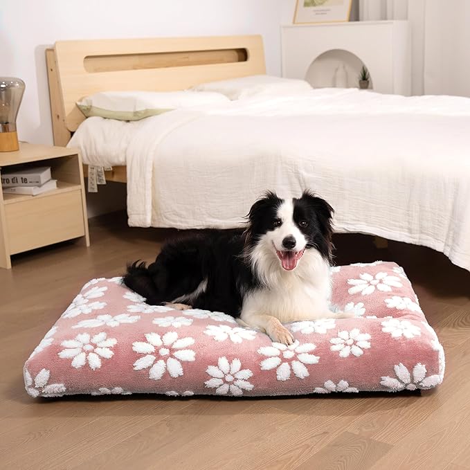 Dog Beds for Extra Large Dogs, Cute Thick Dog Bed for Crate Kennel, Fluffy Pet Bed with Removable Washable Cover and Anti-Slip Bottom, 41"x 28", Pink Flower