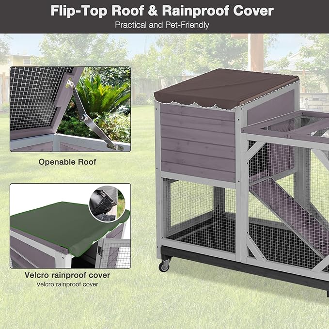 Large Rabbit Hutch Indoor Outdoor, 2-Tier Bunny Hutch with Wheels and Waterproof Roof, Wooden Guinea Pig Cage with Leak-Proof Pull-Out Trays, Multi-Door Bunny Cage for Small Animals-Grey