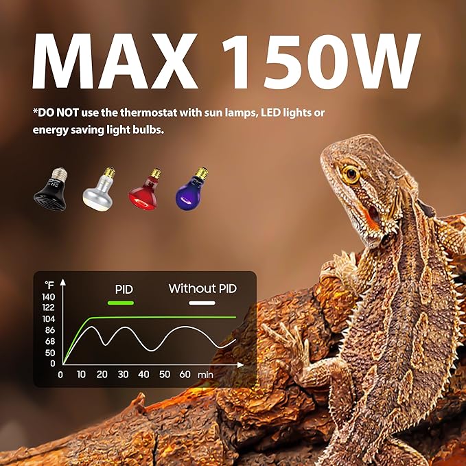 Reptile Light Fixture with Dimming Thermostat, 8.5 Inch Deep Dome Lamp Fixture with Temperature Controller for Bearded Dragon, Turtle, Snake and Lizard Tanks, Max 150W