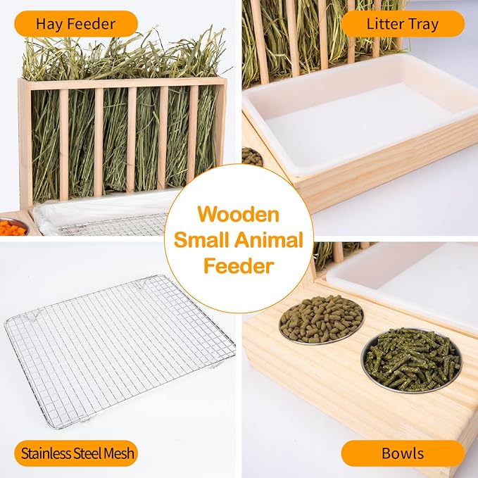 BESNEW 3 in 1 Rabbit Hay Feeder with Litter Box,Upgraded Wooden Hay Feeder Set for Guinea Pig Chinchilla Bunny Other Small Animals,Quick Cleaning & Large Capacity & Preventing Waste