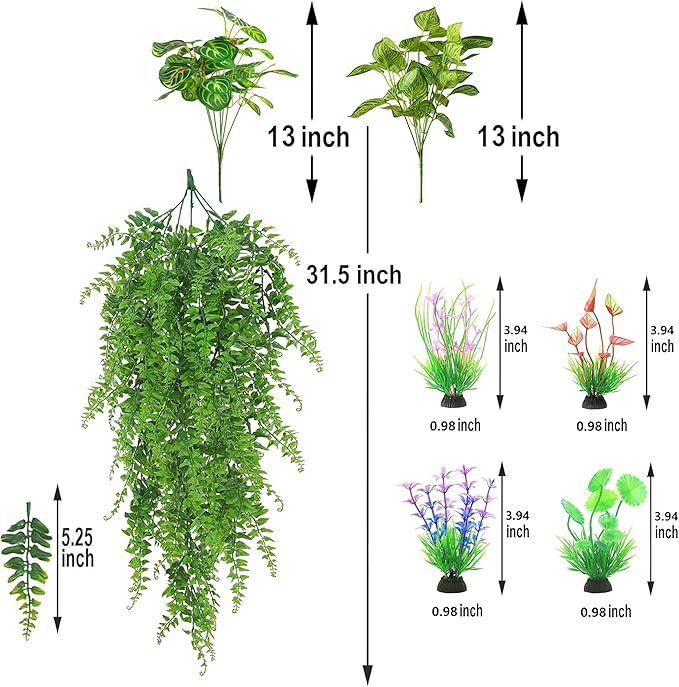 Reptile Plants for Terrarium Tank – Bearded Dragon Tank Accessories, Artificial Hanging Plant Vines, Habitat Decor & Hide for Crested Gecko, Lizard, Snake, Chameleon and Ball Pythons (Group A)