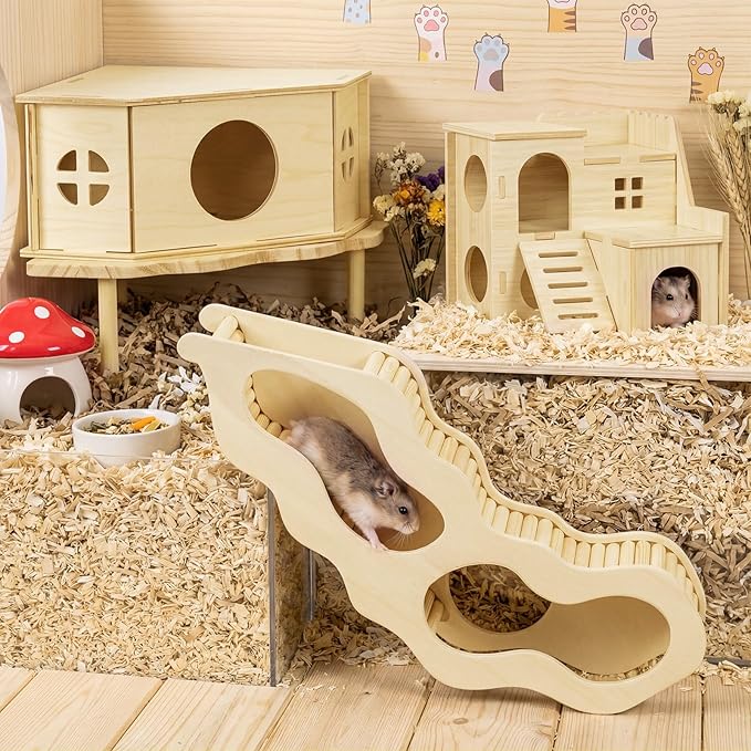 BreezeHug 4 Pcs Hamster Platform Hideout Wooden Tunnel Ladder Playhouse Hamster Game Climbing Toy with Platform Cage Accessories for Small Pets Dwarf Syrian Mice Degus Gerbils Squirrel(Spy Villa)