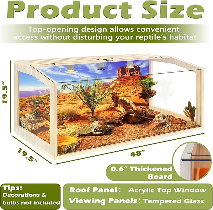 PROLEE Bearded Dragon Tank, Up to 81Gallon Reptile Enclosure, Tempered Glass Lizard Tank, Bearded Dragon Enclosure with Built-in Lamp Fixture for Chameleon (Skylight Roof, 81Gallons,48x19.5x19.5 Inch)