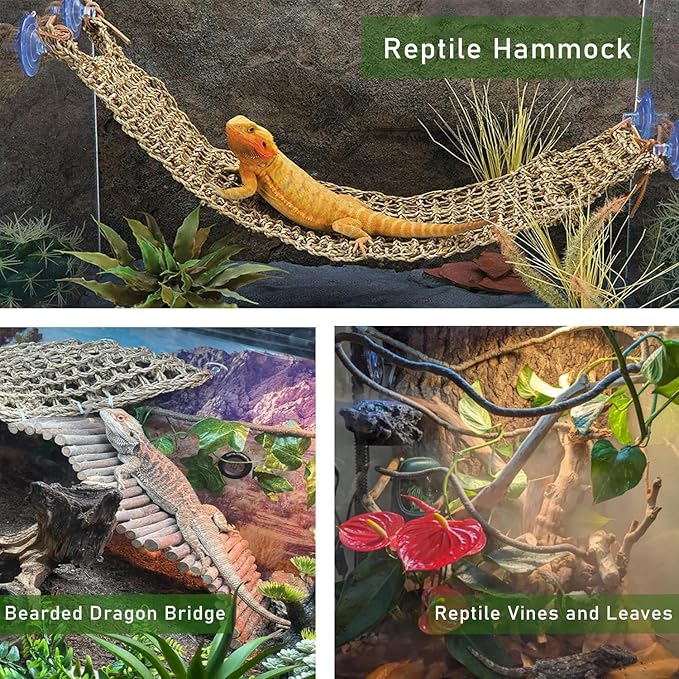 Bearded Dragon Tank Accessories, Reptile Mat Hammock Plants Bridge Jungle Climber Vines Terrarium Decorations for Leopard Gecko Hermit Crab Lizard Snake (10 PCS with Reptile Mat)