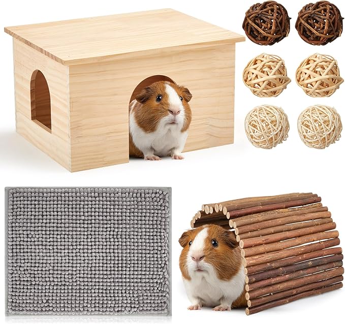 9 Pcs Wood House Guinea Pigs Hut Hideout with Rolling Chew Toys for Small Animals Accessories, Toys, and Supplies Guinea Pig Liner Washable Cage Liner Guineapig Habitat Cage Accessories