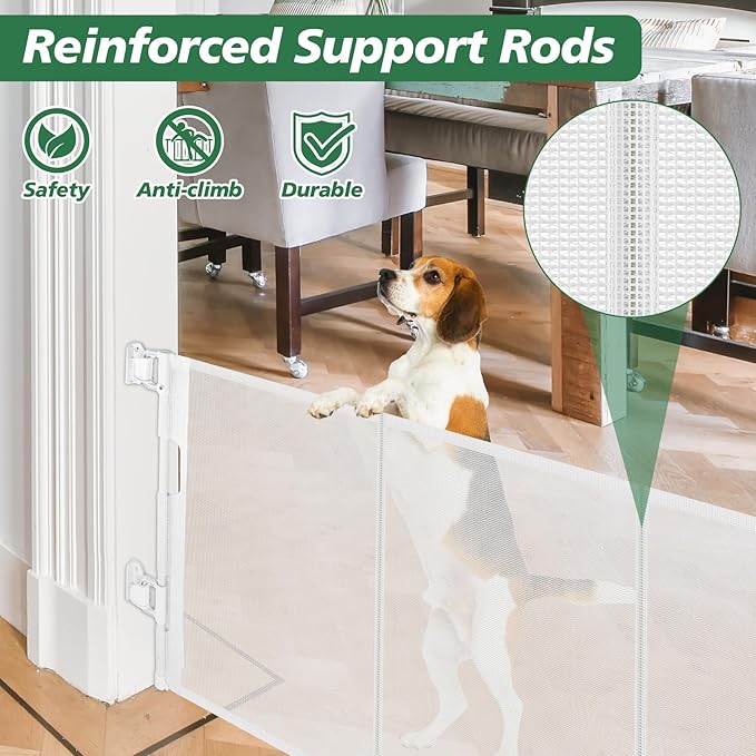 Reinforced 24 Inch Tall Retractable Baby Gates for Dogs, Short Dog Gates to Step Over, Expands 0-55 Inches Wide, Mesh Pet Gate with Support Rods, Small Puppy Gates for the House, White