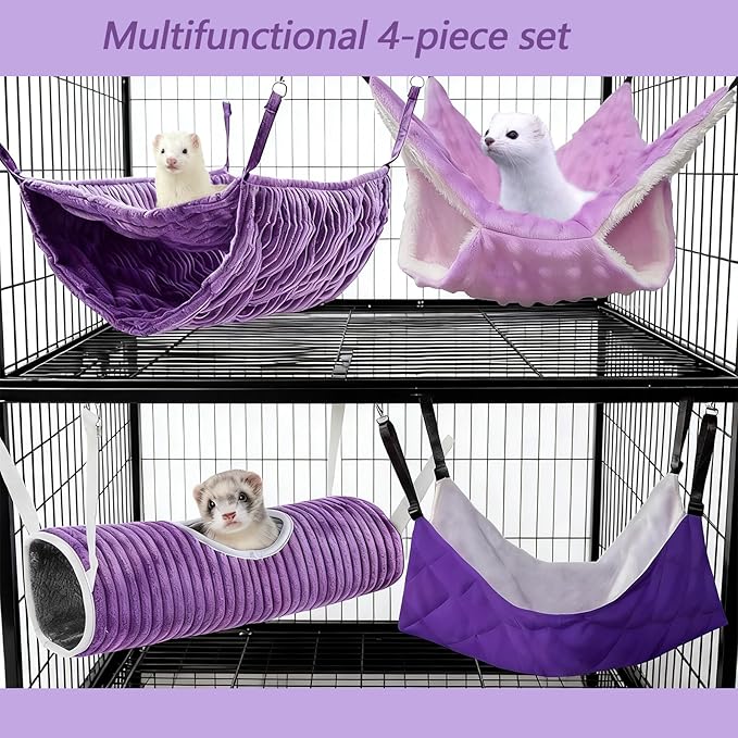 kathson 4 PCS Ferret Hammock Set,Guinea Pig Hammocks Hideout Bed,Ferret Hanging Play Tunnel,Soft Rat Hammock Sleep Beds Cage Accessories for Sugar Glider,Hamster Chinchilla