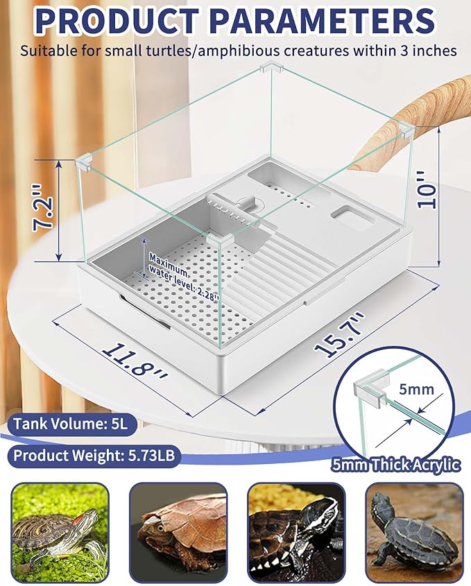 MoonOrange Large Turtle Tank Kit(Tank + Light + Water Pump), Acrylic Turtle Tank Starter Kit with Two Rain Shower Head, Adjustable Water Pump, Higher Fences (Kit-S)