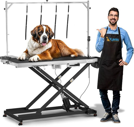 KANIS Professional Electric Dog Grooming Table - Heavy Duty, Height Adjustable Pet Grooming Table w/Leveling Wheels, Grooming Arm, Anti-Slip Tabletop & Tool Organizer/Dog Grooming Station (Black, 60")