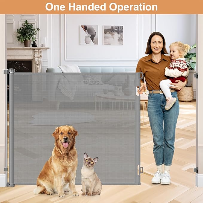 4ft Extra Tall Retractable Baby Gates for Doorways 48 Inch Tall Retractable Dog Gate Indoor 85" Wide Child Gate for Stairs High Mesh Puppy Gates for the House Prevent Kids/Pets from Jumping Over, Gray