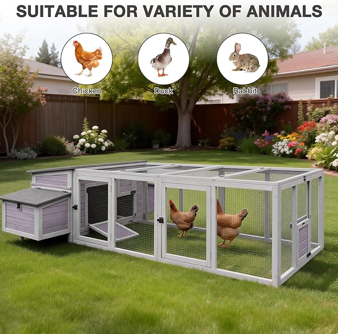 103’’ Large Chicken Coop with Run, Wooden Chicken House with Two Large Nesting Box and Leakproof Tray, Outdoor Hen House Poultry Cage for 4-6 Chickens, Waterproof Roof