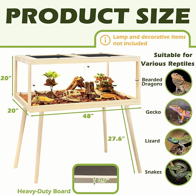 PROLEE Bearded Dragon Tank with Leg Stand 81 Gallons, Wooden Lizard Tank,Reptile Tank with Metal Mesh Roof Door, Acrylic Panel Snake Tank with Lock Design (Oak, 48"x20"x20")
