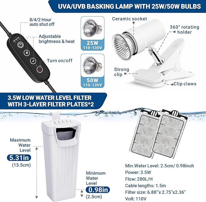 GOZILLA Turtle Tank Kit(Tank+Lamp+Filter), Upgrade PC Turtle Tank Starter Kit with Adjustable Lamp & Filter, Reptile Habitat with Lid, Basking Platform for Small Reptiles.(15.75 × 7.9 × 9''/White Kit)
