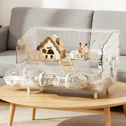 9-in-1 Acrylic Hamster Cage - Clear Pet Cage with 360° Transparent Viewing, Double Layer Chew-Proof Mice Enclosure with Crawling tunnel for Dwarf Syrian Gerbils, 18*13*12in (Wooden Cottage)
