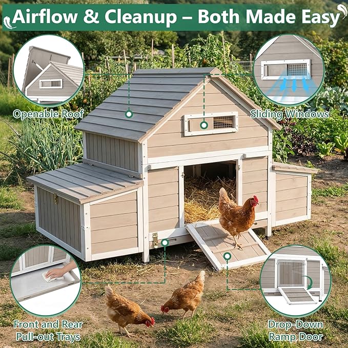 Large Chicken Coop Chicken House Outdoor with 6 Nesting Boxes & Pull-Out Tray for 4-6 Chickens, Wooden Backyard Hen House Poultry Cage with Weatherproof Openable Roof, 3 Perches, Expandable Run