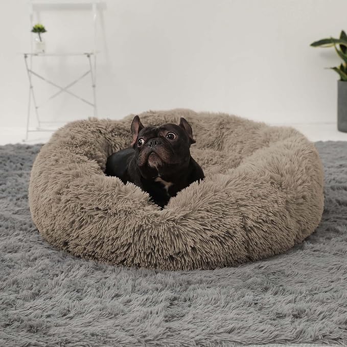 HACHIKITTY Calming Donut Cuddler Dog Bed, Round Fluffy Pet Bed with Sewn-in Cushionfor Large Dogs,Washable, Large, Taupe, 24''