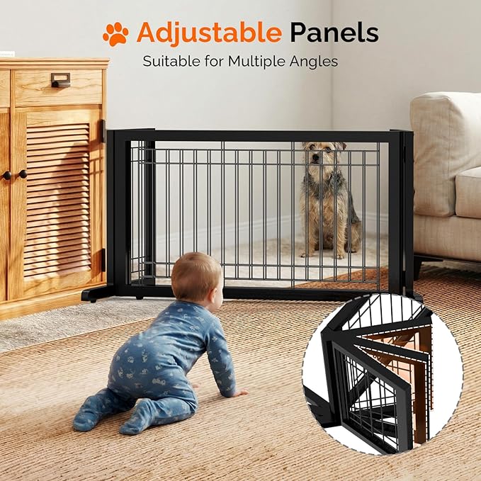 Bonnlo Free Standing Dog Gate, 37" - 68" Wide Pet Gate for Fireplace Stairs Doorways, Wooden Adjustable Pet Fence Indoor, Christmas Tree Gate (Black)