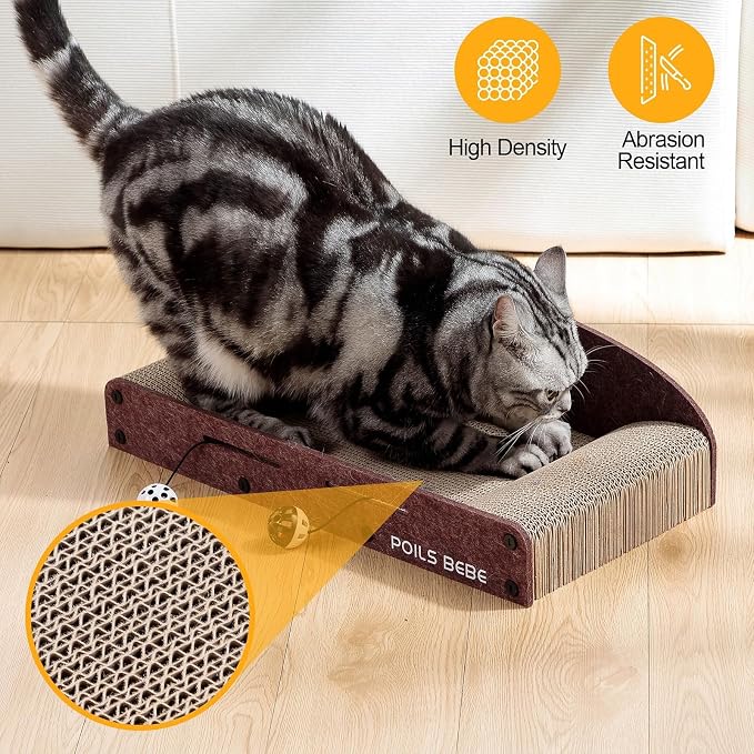 Poils Bebe 26 Inch Sofa Cat Scratcher, Small Cat Scratcher Cardboard with Bell Balls, Durable Couch Lounger for Indoor Cats, Cat Scratch Furniture Protector with Catnip, Cat Toys - Image 5