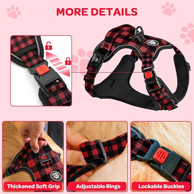 FURRYFECTION Plaid Dog Harness for Large Dogs, Reflective No Pull Adjustable Pet Vest with Front Clip, Leash, Easy Control Handle and Seat Belt, Red&Black, XL