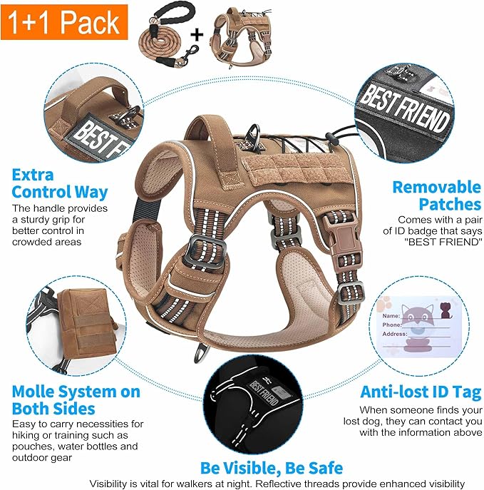 Beebiepet Heavy Duty Tactical Dog Harness for Large Dogs, No Pull Adjustable Pet Harness Reflective Service Training Easy Control Pet Vest Military K9 Working Dog Harnesses-X- Large, Brown