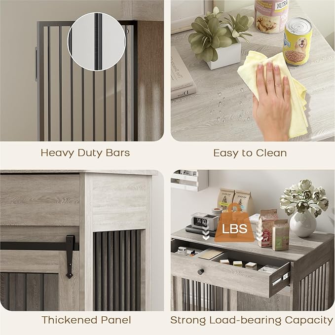 Large Dog Crate Furniture with Sliding Door & 360° Spinning Bowls | Durable Modern End Table for Medium & Large Dogs for Pet Owners (40-inch)