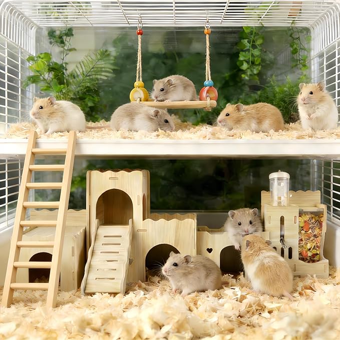 Hamster Hideout House, Multi-Chamber Hamster Castle with Water Bottle, Large Wooden Mouse Playground with Climbing Ladder, Habitat for Syrian Dwarf Gerbils Mice and Small Pets