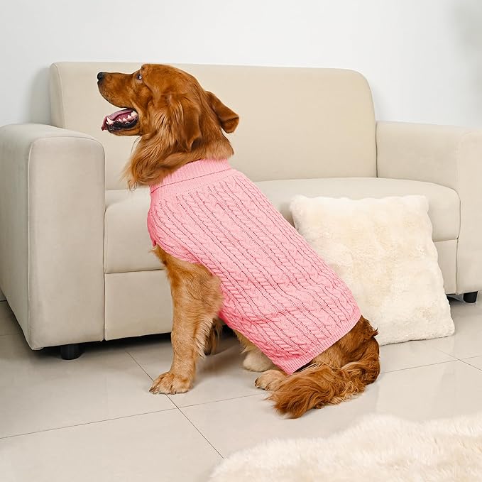 2 Pack Dog Sweaters for Large Dogs Winter Turtleneck Pullover Cable Knit Fleece Stretch Pitbull Labrador Golden Retriever Doberman Bulldog Boy Girl Pet Clothes (XXL, Pink & Red)