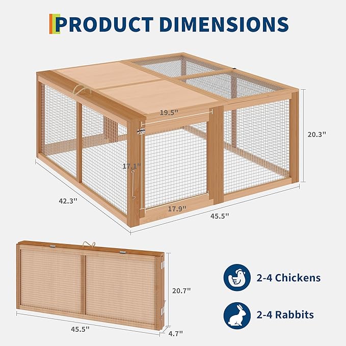 GarveeHome Folding Chicken Coop Run Rabbit Hutch, Portable Wooden Chicken Cage Pens with Top & Side Opening Doors, Small Animal Poultry Pet Cage for Outdoor, Indoor, No Assembly Required, Dark Oak+Oak