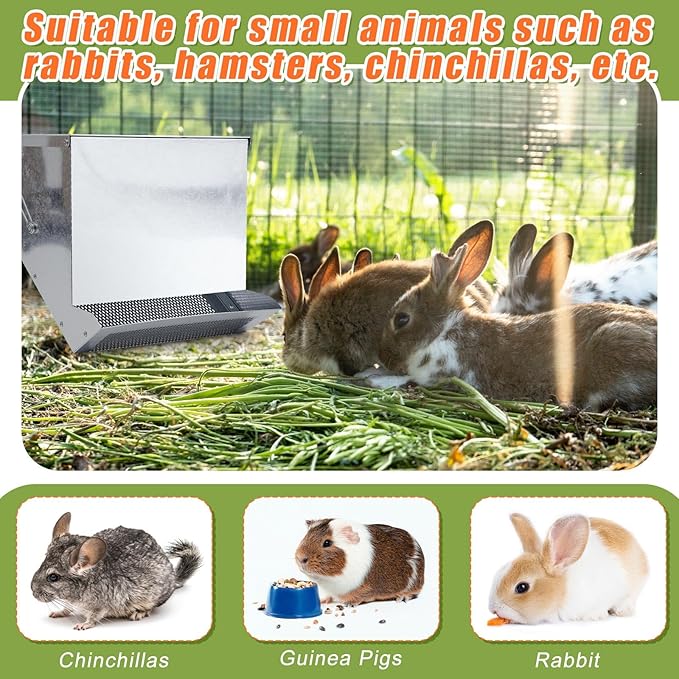 Maxcheck 2 Pcs Rabbit Feeder for Cages Small Animal Food Pellet Dispenser with Lid Metal Chicken Grit Oyster Shell Squirrel Feeders Outside(11.8 Inches,Mesh Bottom,Silver)