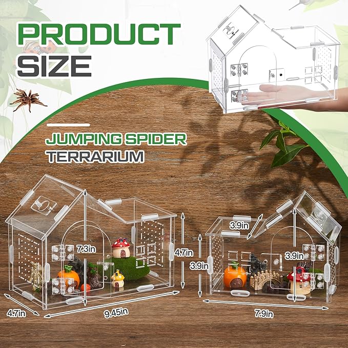Teenyyou 7.9 x 5.9 x 3.9 Inches Large Jumping Spider Enclosure Acrylic Tarantula Enclosure Reptile Habitat with Handle and Magnetic Door for Reptiles, Amphibians and Spiders