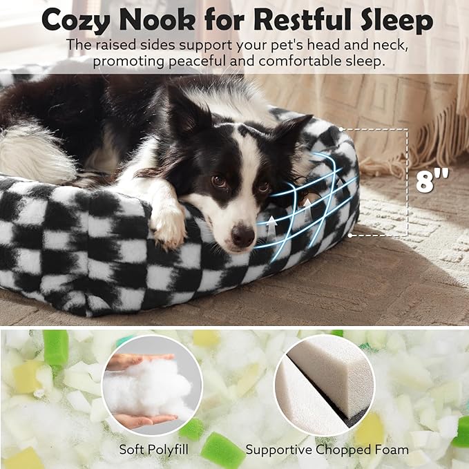 JOEJOY Dog Bed Medium Size Dog, Removable Washable Cover Orthopedic Soft Pet Bed, Anti-Slip Fluffy Plush Faux Rabbit Fur Puppy Bed, 30"x24"x8", Checkered, Black