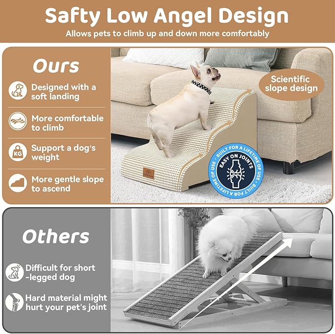 Zerbuger Dog Ramp and Stair for Bed 16" H-20 H,3-Step Cat Stair for Sofa and Chair,4-Step Dog Ramp for High Bed and Window,Durable Nonslip Fabric Cover for Indoor (Beige-16 H, Pet Friendly, 3)