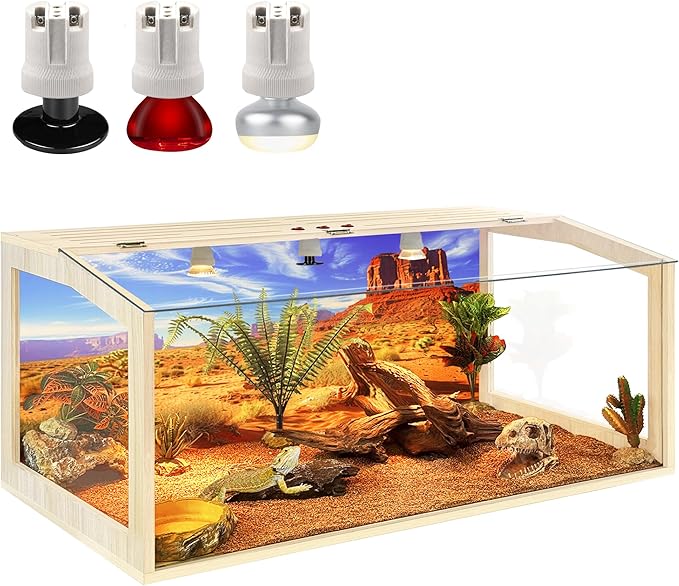 PROLEE Bearded Dragon Tank, Up to 81Gallon Reptile Enclosure, Tempered Glass Lizard Tank, Bearded Dragon Enclosure with Built-in Lamp Fixture for Chameleon (Skylight Roof, 81Gallons,48x19.5x19.5 Inch)