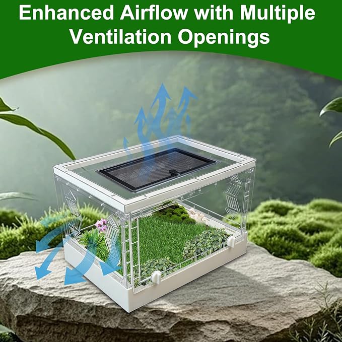 Folding Reptile Terrarium 17" × 12" × 10" – Portable Clear Habitat Tank with Front Opening Door & Ventilation, Easy Assembly for Geckos, Lizards, Snakes, Turtles, Spiders & Amphibians