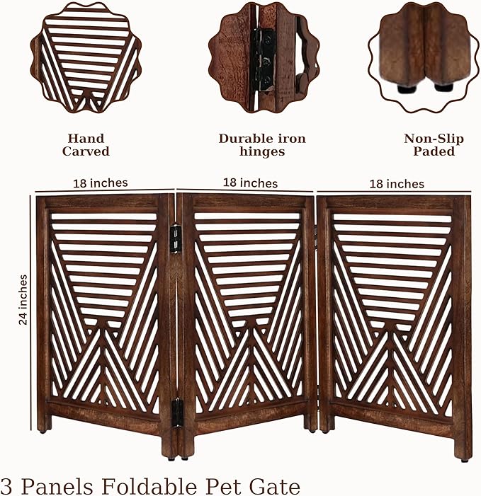 Lightnpro Geometric Wooden Dog Gate - Stylish Freestanding Foldable Indoor Pet Barrier, Extra-Wide Safety Gate for Dogs & Small Pets, Perfect for Stairs & Entryways - 24x54 Inch Natural Burnt Finish