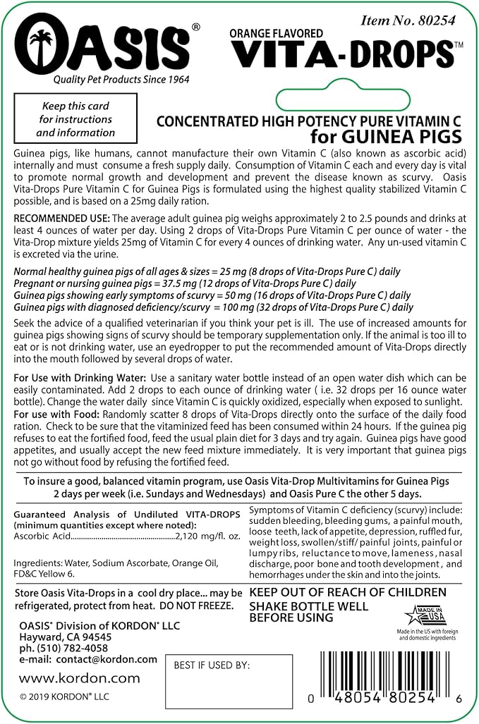 Oasis #80254 Vita Drops-Pure C for Guinea Pig,2-Ounce,Packaging May Vary,(Pack of 2)