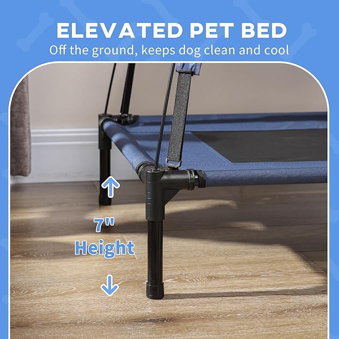 PawHut Elevated Dog Bed with Removable Canopy, Outdoor Dog Cot with UV Protection Canopy Shade, 30 inch Pet Bed for Camping, Dark Blue